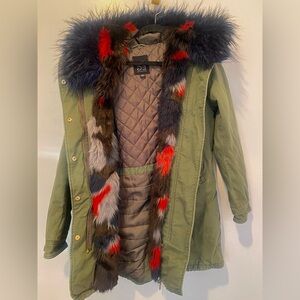 SAGE Collective Army Green Parka style jacket with Multi colored removable fur
